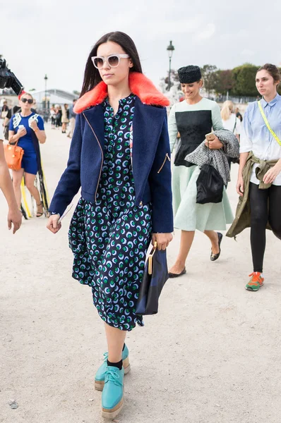 Paris - Ekim 2016: Paris moda haftası sırasında şık kadın. New York, Londra ve Milan Fashion week ile onlar dünyanın dört büyük moda etkinlikleri vardır