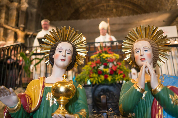 SAINTES-MARIES-DE-LA-MER - OCTOBER 19, 2013: Statuette of Marys in the church during the Pilgrimage of the Saintes in Saintes-Maries-de-la-Mer, France. It is a famous pilgrimage in Camargue