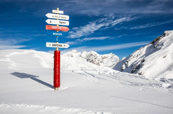 Стрілку Підписувати Горах Снігу Зимовий Валь Ізер Альпи Франція — стокове фото