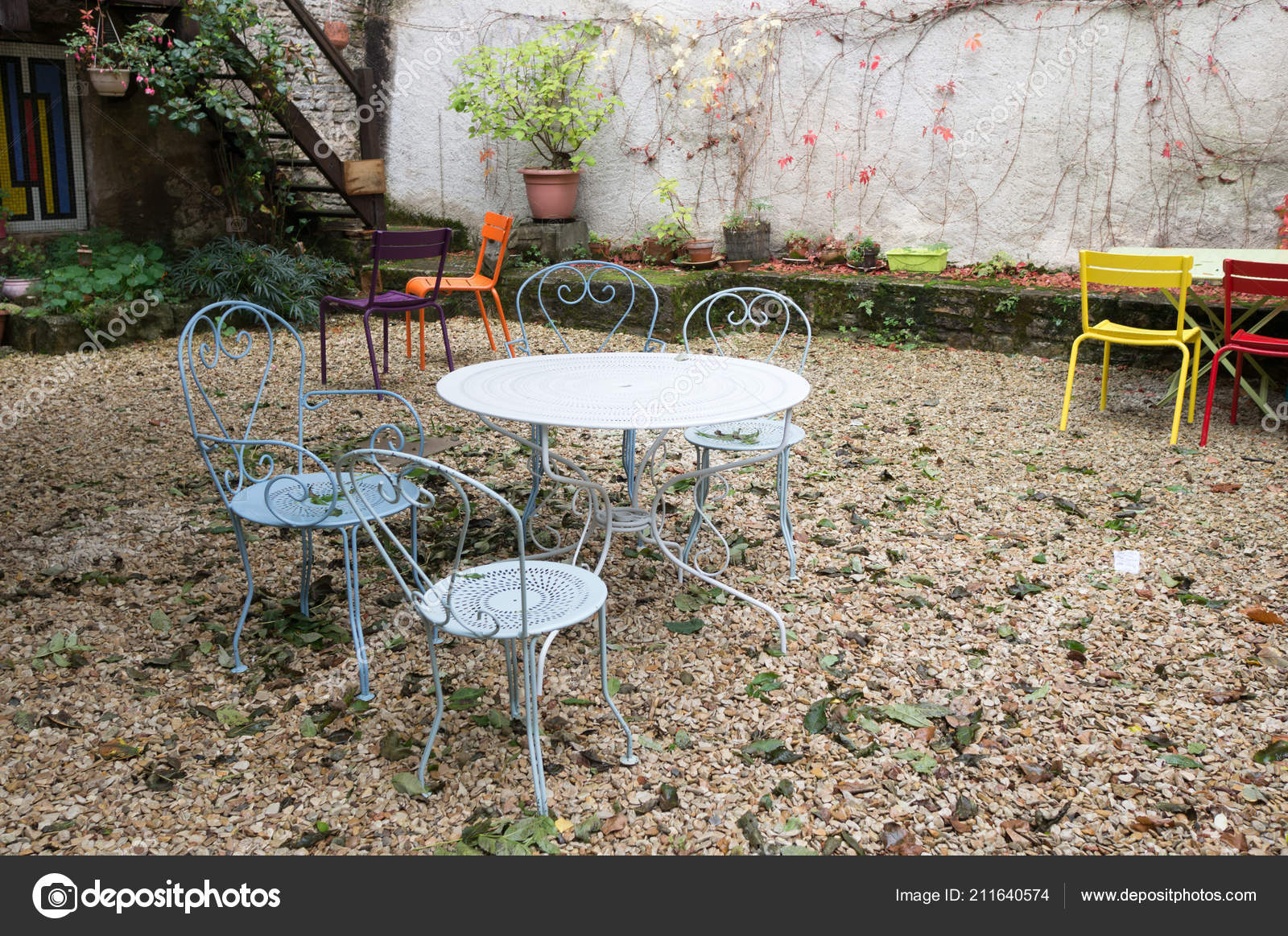 Colorful Metal Tables Chairs Patio Garden Noyers France Stock Colorful Metal Tables Chairs Patio