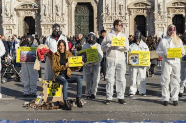 Milan, İtalya - 23 Şubat 2017: Hayvan hakları savunucuları kürk modu sektöründe kullanımı sırasında Milan Fashion Week protesto