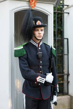 Oslo, Norveç - 12 Ağustos 2015: A Kraliyet muhafızı dikkat Kraliyet Sarayı standında önünde. Saray Slottet denir ve Oslo merkezinde yer alır. Norveç