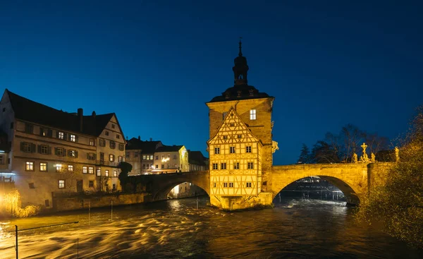 Jembatan Obere Brucke Dan Altes Rathaus Malam Hari Bamberg Jerman — Stok Foto