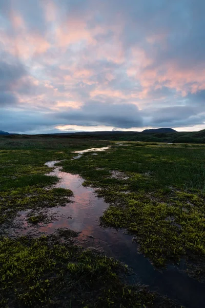 Sky Sunset Reflected Water Grassland Northern Iceland — Stock Photo, Image