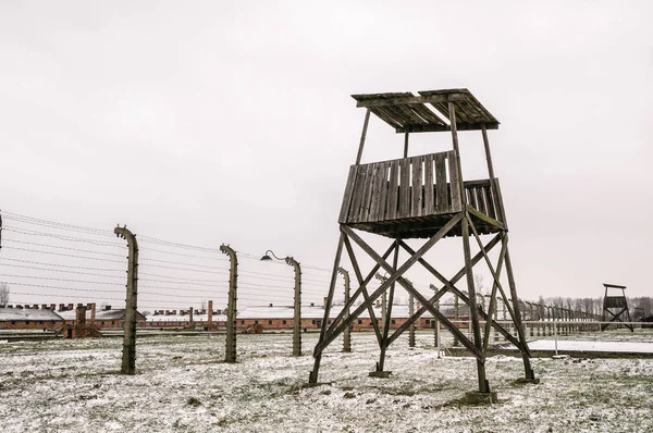 Toplama kampı Auschwitz Birkenau'da, Polonya, kar kaplı