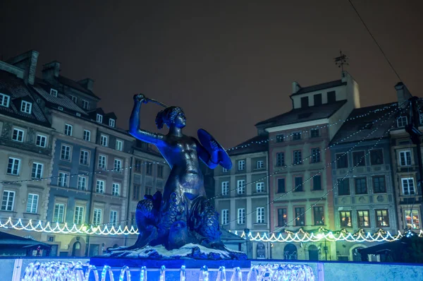 Mermaid Night Syrena Symbol City Warsaw Poland Statue Located Center — Stock Photo, Image