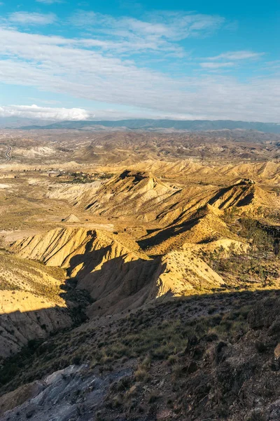 Panoramic view of Tabernas desert mountains, in spanish Desierto de Tabernas. Europe only desert. Almeria, andalusia region, Spain. Protected wilderness area and location for spaghetti western movies
