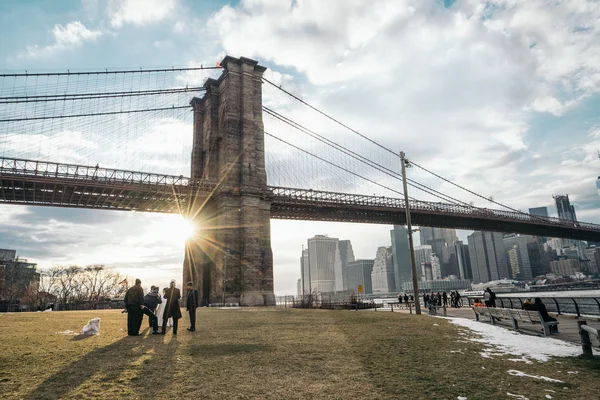 Нью Йорк Сша Лютого 2017 Бруклінський Міст Заході Сонця — стокове фото