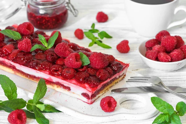 Raspberry Cake Fresh Berries Mint White Wooden Table Sweet Dessert — Stock Photo, Image