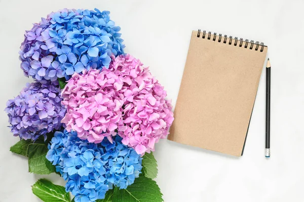 Κενό Χαρτί Εκλεκτής Ποιότητας Σημειωματάριο Withblue Και Ροζ Ορτανσία Λουλούδια — Φωτογραφία Αρχείου