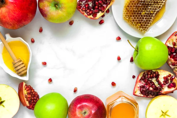 Bingkai Terbuat Dari Madu Apel Dan Delima Makanan Tradisional Untuk — Stok Foto