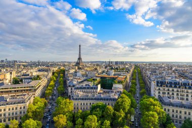 Güzel Paris görünümünden zafer Arch. Champs Elysees ve Eyfel Kulesi batımında çatısı