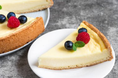 cheesecake taze meyveleri ve taş zemin üzerine nane ile dilim. yakın çekim. lezzetli kahvaltı