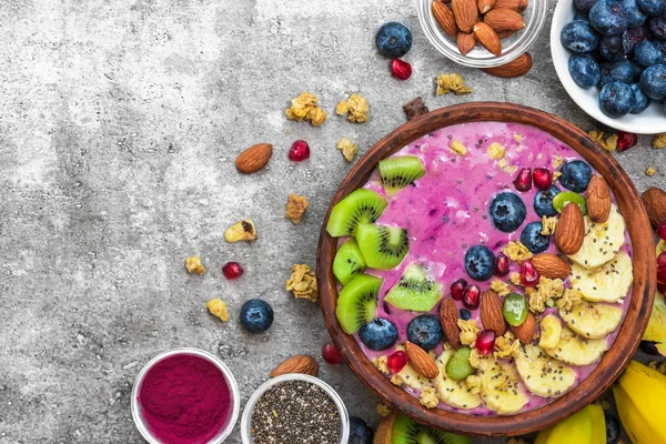 Pequeno Almoço Saudável Açaí Batido Tigela Com Mirtilo Frutas Granola — Fotografia de Stock