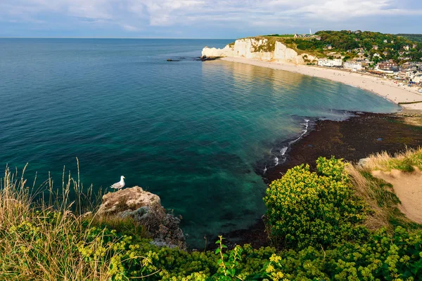 Hermoso Paisaje Famosa Costa Etretat Normandía Con Acantilados Aval Puesta —  Fotos de Stock