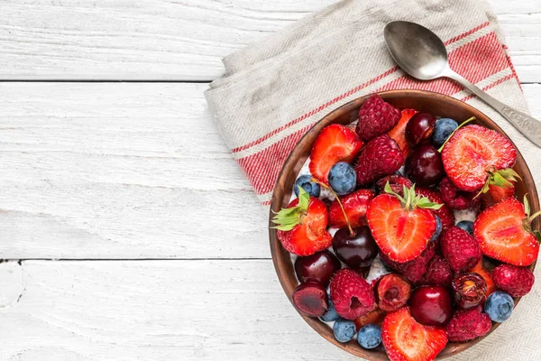 Tazón Desayuno Saludable Frutas Bayas Con Yogur Pudín Chía Cuchara — Foto de Stock