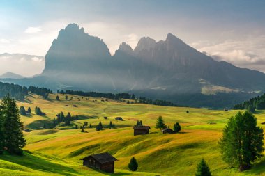 İtalyan Dolomiti Alplerinde yaz gündoğumu. Seiser Alm veya Alpe di Siusi konumu, Bolzano ili, Güney Tyrol, İtalya