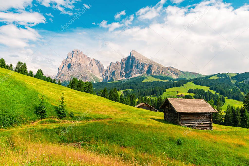 wooden cottage in Italian Dolomiti in Alpe di Siusi or Seiser Alm with Sassolungo or Langkofel mountain group