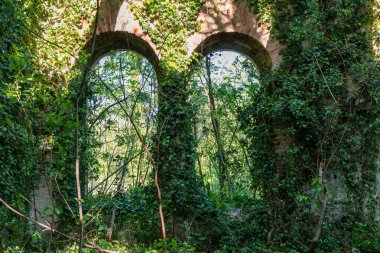 Overgrown ruins with arched windows, nature reclaiming the interior of ancient abandoned building. Haunted ruined house covered with green plants. Post apocalyptic, nature reclaiming, romantic ruin