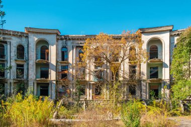 Facade of abandoned sanatorium in Tskaltubo with broken windows, overgrown vegetation and autumn trees under clear blue sky, Georgia. Haunted house. Post apocalyptic, creepy and spooky, harmony of
