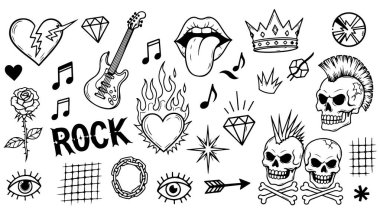 vektör el - müzik, rock, roll, dövme, tasarım için çizilmiş karalama seti