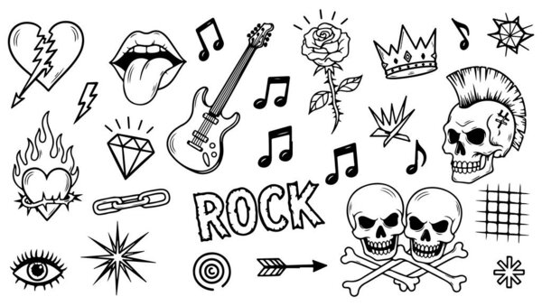 rock music symbols. hand drawn vector illustration