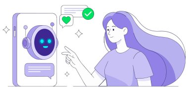 Online robot. Telefonu olan bir robot. Yapay zeka. Vektör çizimi. düz çizgi film tarzı.
