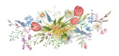 Suluboya çiçek kartı. Şeffaf arkaplanda bahar çiçekleri olan el çizimi... vektör EPS.