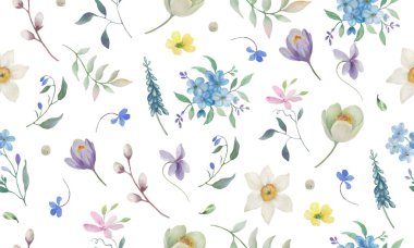 Kusursuz suluboya deseni. Beyaz arka planda izole edilmiş el çizimi çiçek çizimi. Vektör EPS.