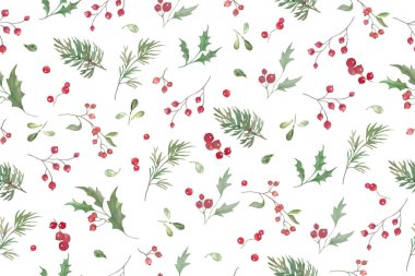 Noel suluboya desenleri, kutsal meyveler, çam kozalakları, ökseotu. El çizimi çizimi. Vektör EPS.