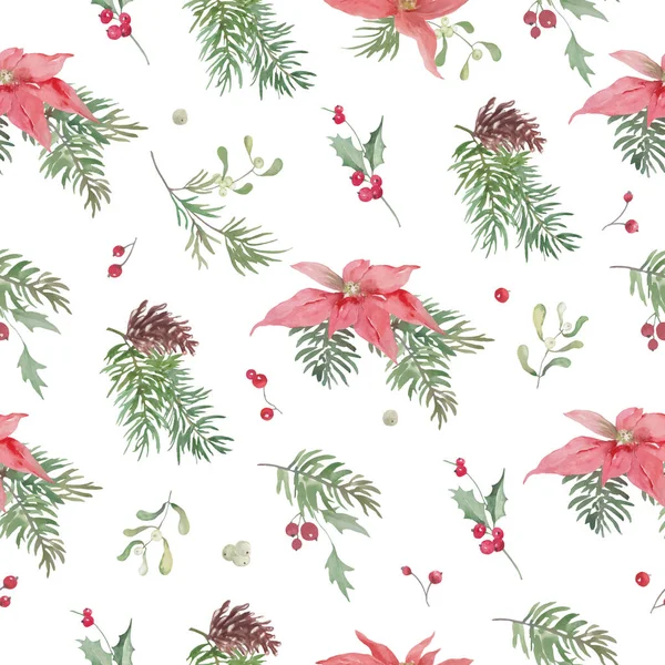 Christmas watercolor seamless pattern with poinsettia, holly berries, pine cones, mistletoe. Hand drawn illustration.