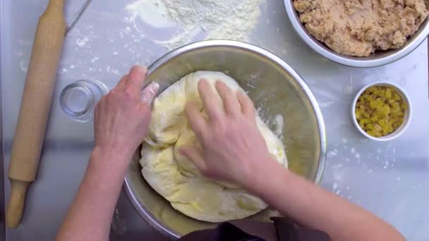 Top view handheld shot of female hands mixing sticky dough — Stock Video