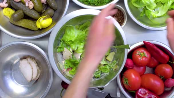 Preparation of salad from the top view — Stock Video