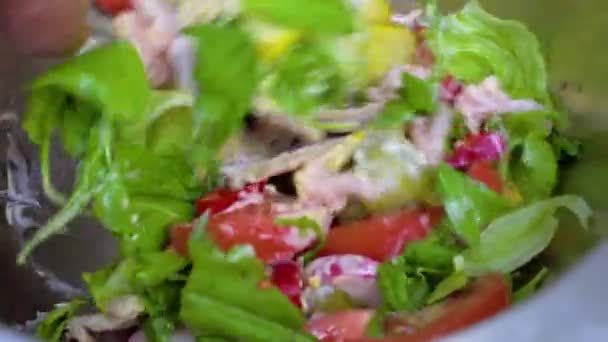 Saláta előkészítés folyamatában. Folyamat, keverési friss salátával — Stock videók