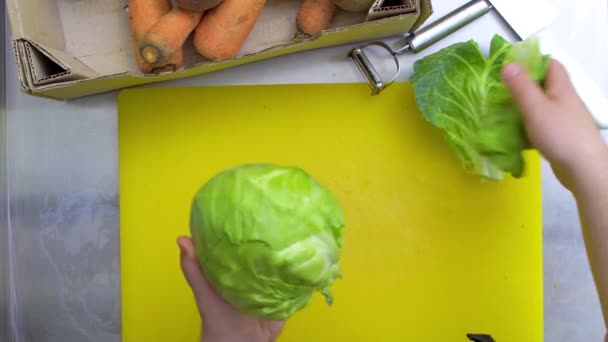 Zubereitung von Gemüsesalat. Frischer Kohl beginnt zu schneiden. — Stockvideo