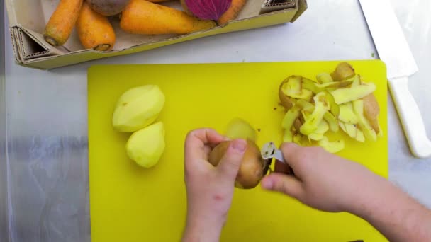 De kok reinigt snel de aardappelen. Bovenaanzicht — Stockvideo