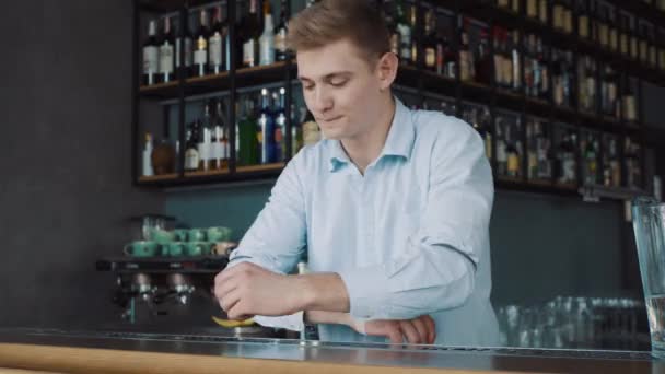 Porträtt av en lycklig ung bartender bakom disken — Stockvideo