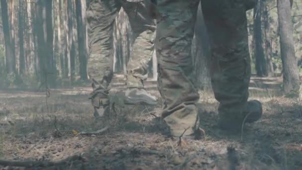 Soldater ben promenad genom skogen — Stockvideo