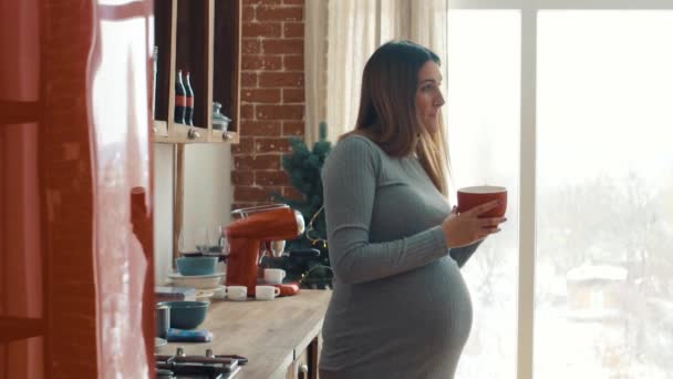 Femme enceinte adulte boit dans la cuisine à partir d'une tasse rouge — Video