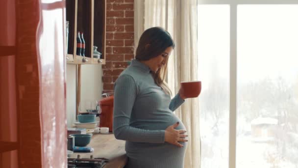 Donna incinta adulta accarezza la pancia e tiene una tazza rossa — Video Stock