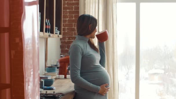 Donna incinta adulta guarda fuori dalla finestra in cucina e beve caffè — Video Stock