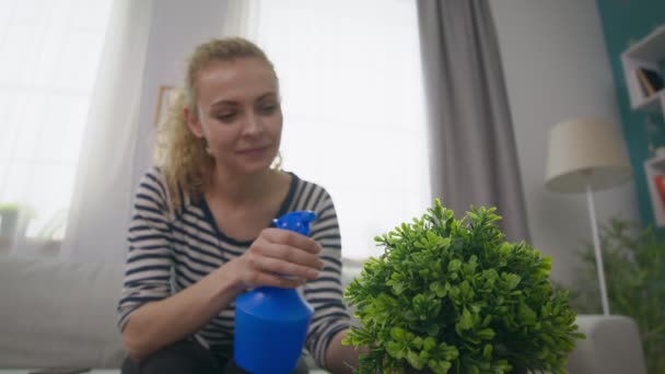 Jeune fille pulvérise une fleur dans son salon confortable — Video