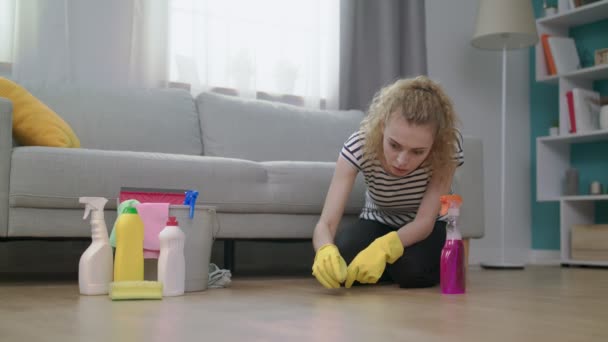 Una mujer está disgustada cuando encuentra un mosquito enorme mientras limpia — Vídeos de Stock