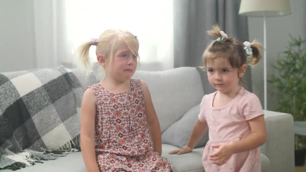 Syster kram syster som är upprörd och gråter — Stockvideo