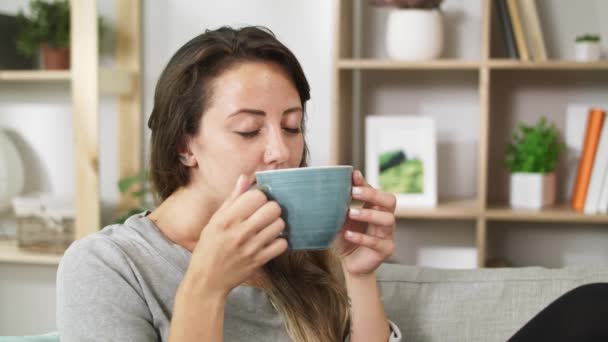 Chica joven bebe té de una taza grande mientras está sentado en un sofá — Vídeos de Stock