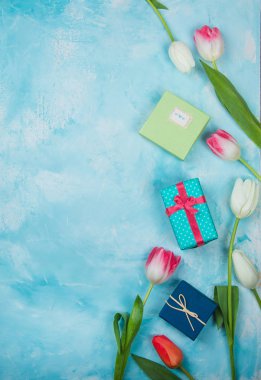 mavi bir arka plan üzerinde lale ler ile farklı hediye kutuları