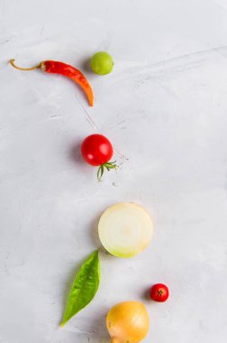 Sebze ve sebze. Domates, biber, fesleğen, baharat, gri arka planda böğürtlen