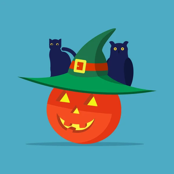 Cadılar Bayramı Balkabağı bir şapka, kedi ve baykuş — Stok Vektör