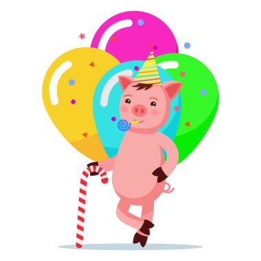 Piglet ayakta şenlikli bir kap içinde bir baston şeker ile