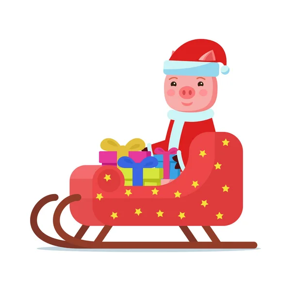 Piggy sentado en trineo colorido con regalos — Vector de stock